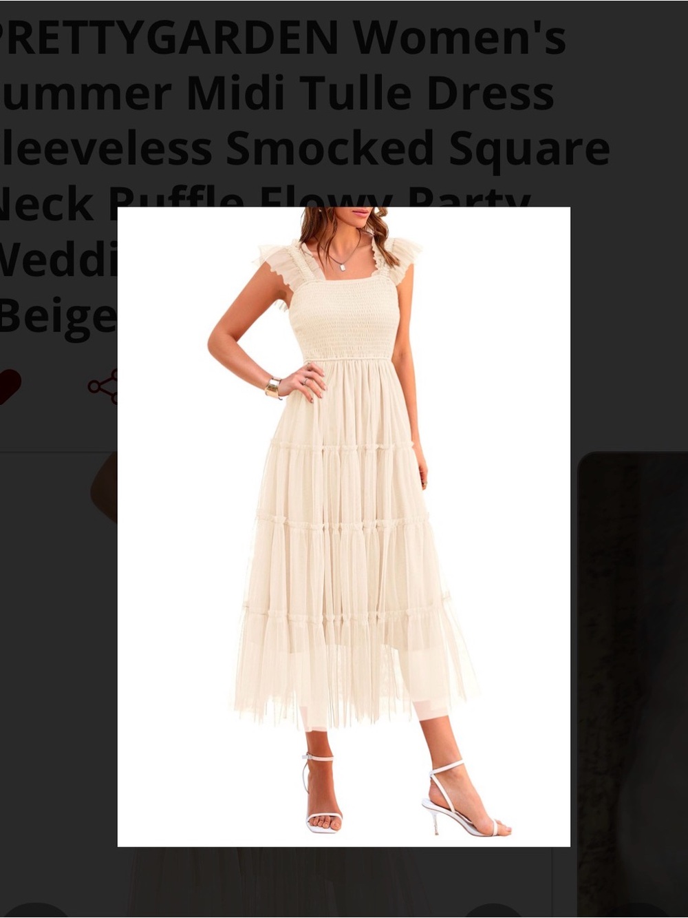 Beige Smocked Midi Tulle Dress Large